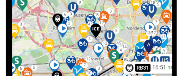 Handydisplay mit einer Karte, auf der verschiedene Symbole verschiedene Verkehrsmittel anzeigen