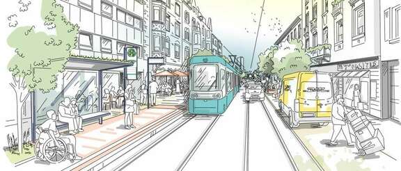 Skizze einer Straße mit Straßenbahn